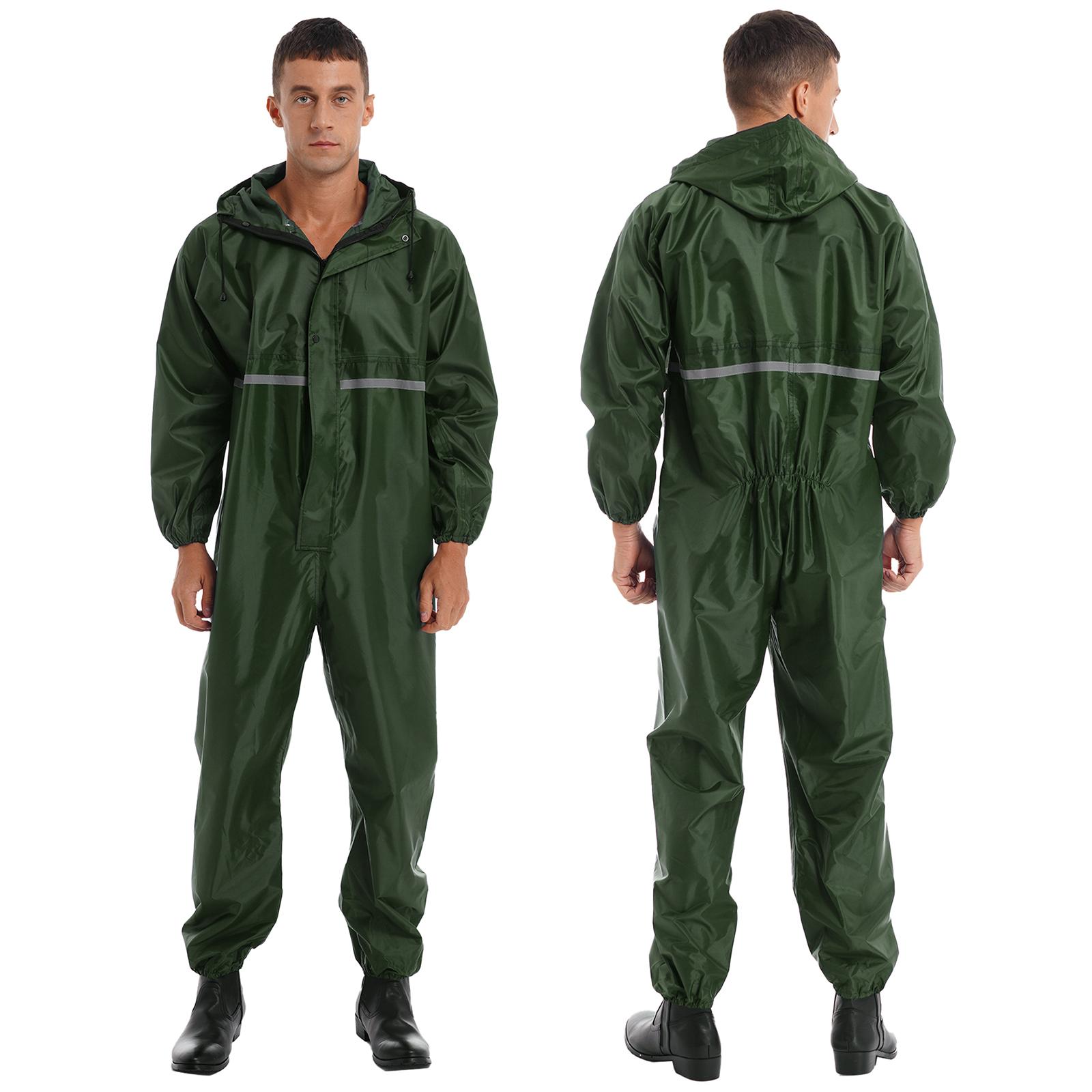 Wasserdichter Herren-Overall, reflektierender Streifen, Regenanzug, langärmelig, Kapuzen-Regenmantel, Reißverschluss-Overall XXL dunkelgrüne