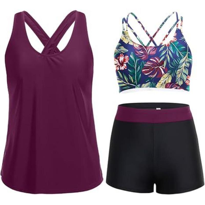 Damen 3-teiliges Tankini-Badeanzug-Set, Sexy Doppel-Schultergurt Bauchkontrolle Badeanzug, Modische Strandbademode XL violett
