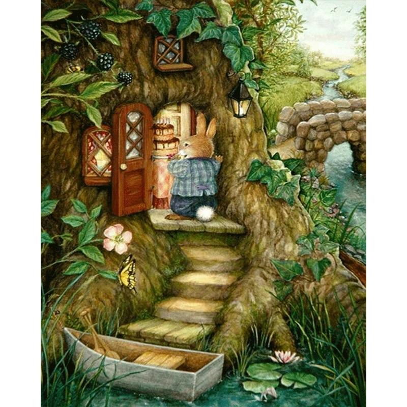 Handarbeit Kaninchenhaus im Baum DIY Diamant Malerei 3D Handarbeit dekorative Malerei Kreuzstich 20X30CM