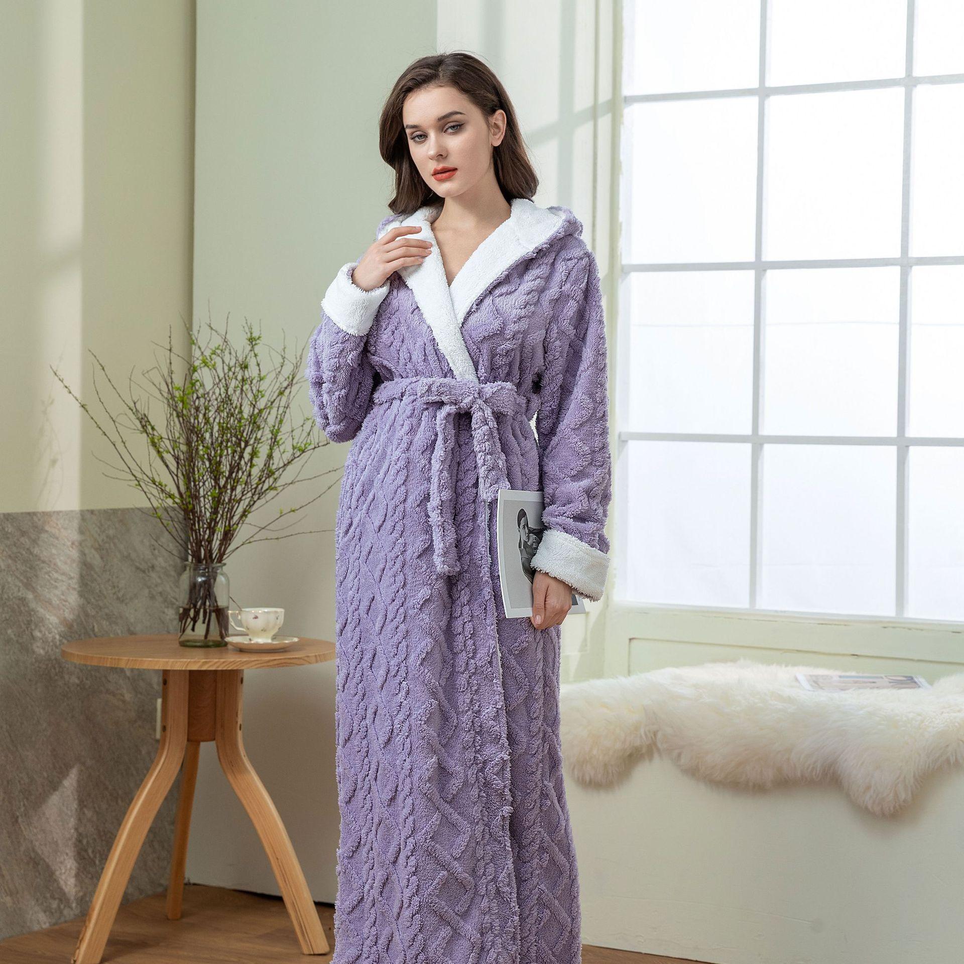 Lockerer, langer, dicker Bademantel mit Kapuze für den Winter, dicker Bademantel für Damen, Flanell-Frottee, warm, bequem, Nachtwäsche für Damen L violett