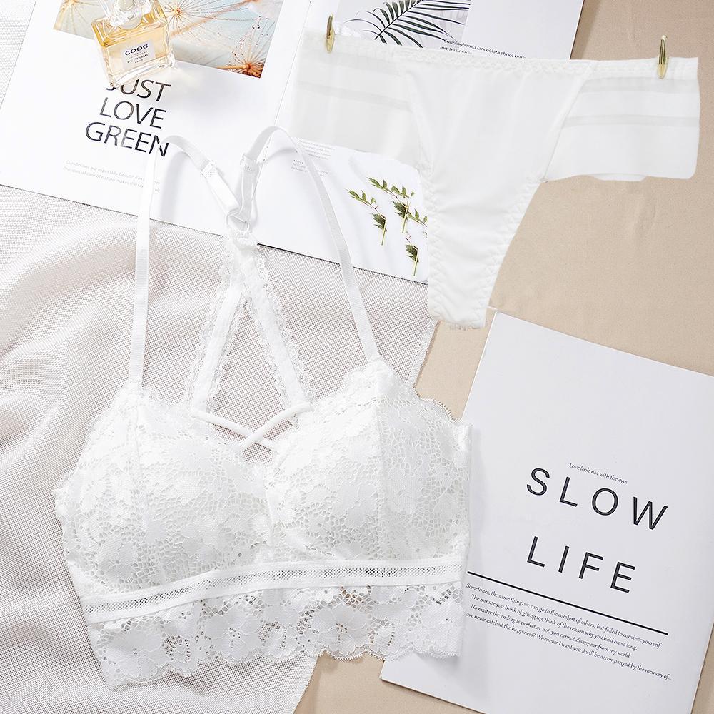 ECMLN Damen-Dessous-Sets aus Spitze, durchscheinend, BH-Oberteile und Shorts, dünne BHs, Höschen mit mittlerer Taille, verführerische Bikini-Sets, Dessous-Pyjamas L/80 weiß