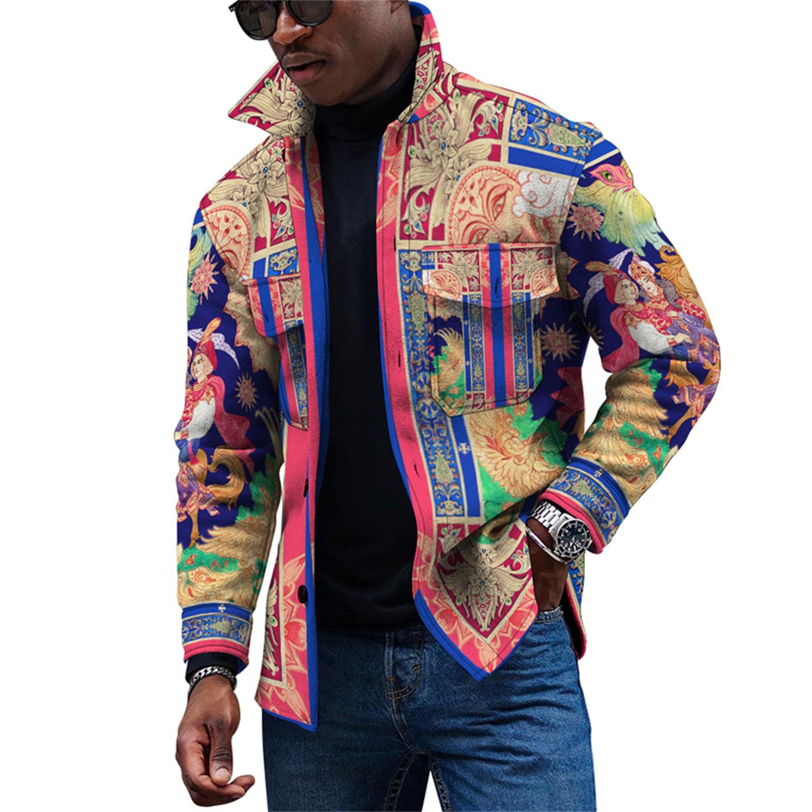 Herren Jacke mit Print Langarm Hemd mit Knöpfen Leichte Oberbekleidung Lässige Streetwear Hemd Jacke XXL beige