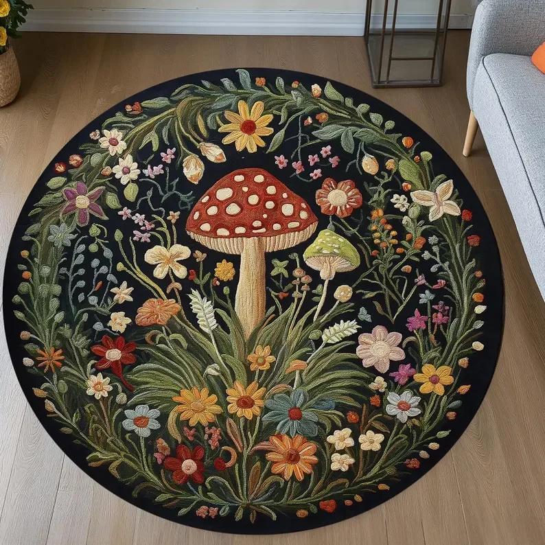 Pilzmuster Kreis Teppich Nützlicher Runder Teppich für Wohnzimmer Schlafzimmer Deko Küche Unter dem Tisch Bodenmatte Rutschfester Vintage Teppich 80cm black