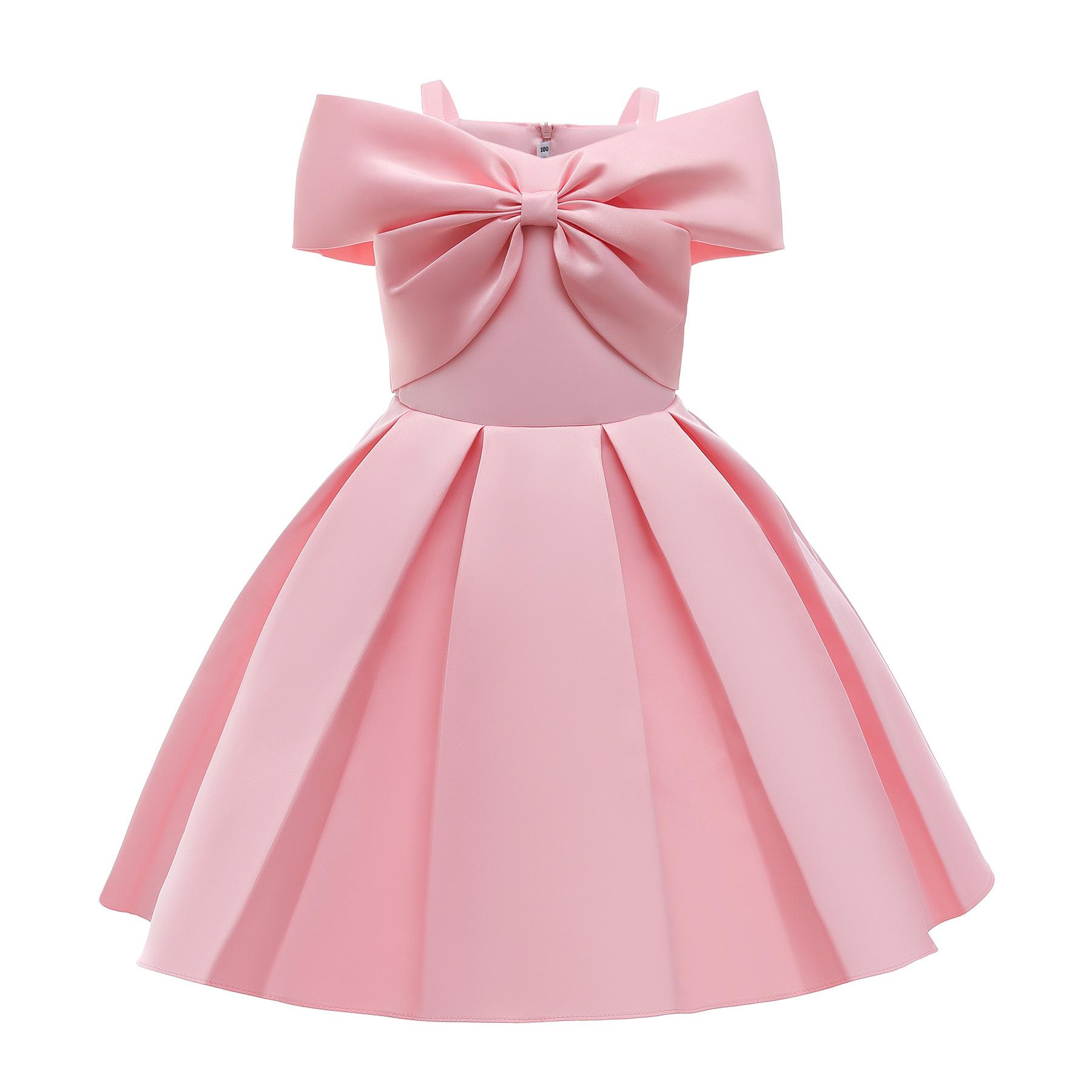 Mädchen Bogen Prinzessin Kleid Neue Mädchen Ein-schulter Solide Kleid Party Geburtstag Nähen Niedlichen Tutu Blumen Kleid Mode kleidung 100 rosa