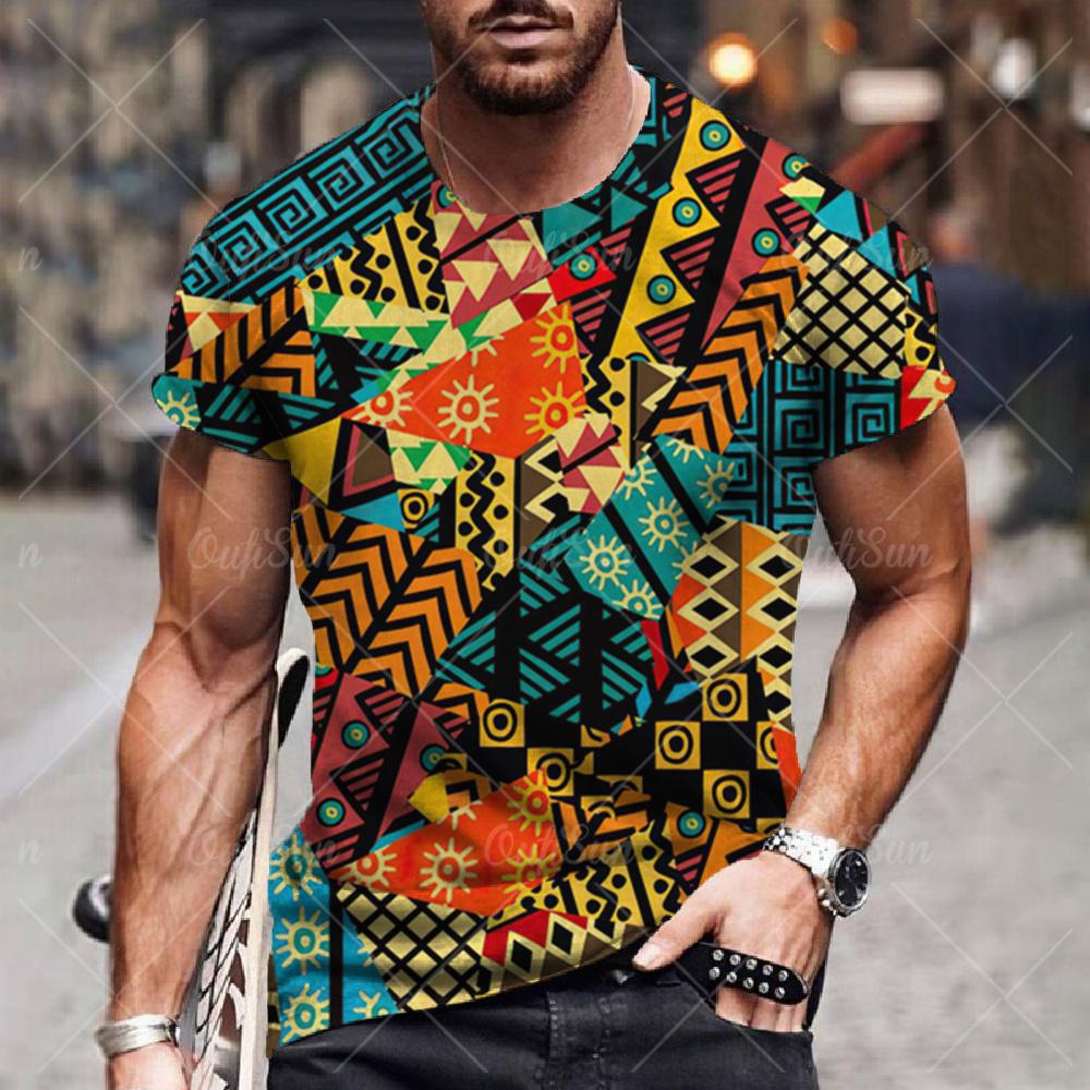 Herren T-Shirt Ethnischer Druck Lässig Kurzarm Sommer Rundhals Streetwear Vintage Mann Lose Sweatshirt Atmungsaktive Männer Kleidung M