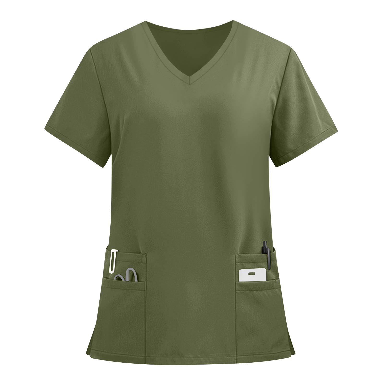 Damen V-Ausschnitt Kurzarm Kasack mit Mehreren Taschen Klassische Passform Stoff für Fachleute XXXXL armee grüne
