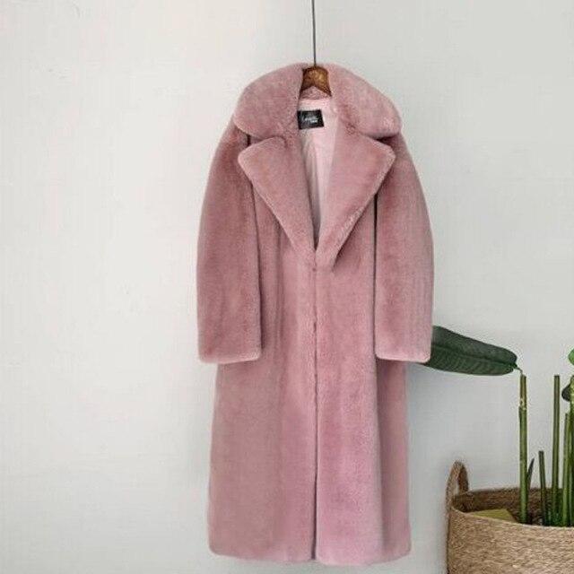 Frauen Winter Warm Faux Pelzmantel Dicke Frauen Langen Mantel Drehen Unten Kragen Frauen Warme Mantel Mit Gürtel Casaco feminino S dunkel rosa
