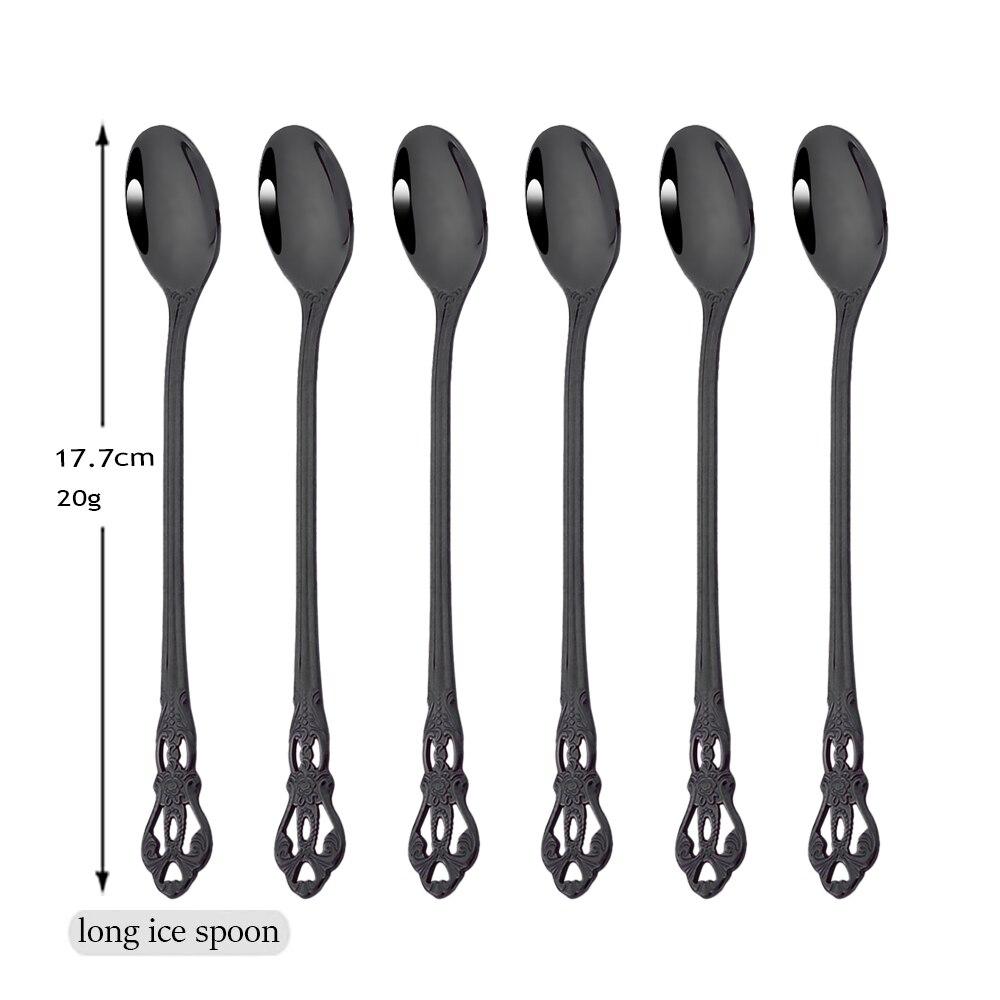 6-teiliges buntes Besteck-Set mit langem Griff, Edelstahl, Rührlöffel, Rührbesteck, Dessert, Kaffee, Eislöffel, Küchengeschirr-Set schwarz