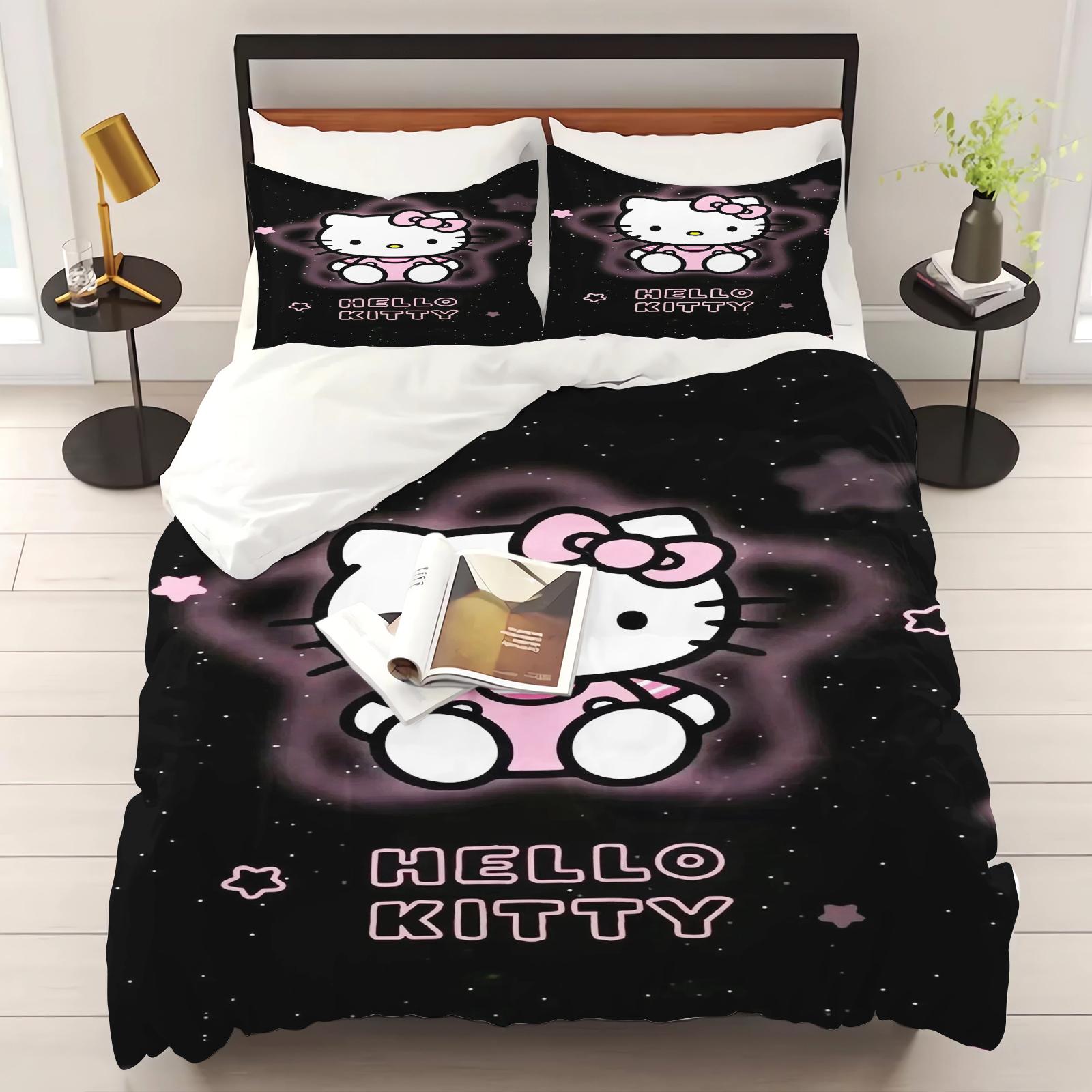 Hello Kitty Bedrucktes Schlafzimmer Bettwäsche Set Bettbezug Weihnachtsgeschenke Komfort Cartoon Mit Kissenbezug 150*200cm 3pcs