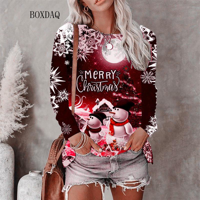Weihnachtsstil Damen T-Shirts Herbst Winter Langarm 3D Weihnachten Schneemann Print Street Hip Hop Damen T-Shirts 6XL Big Size Tops M