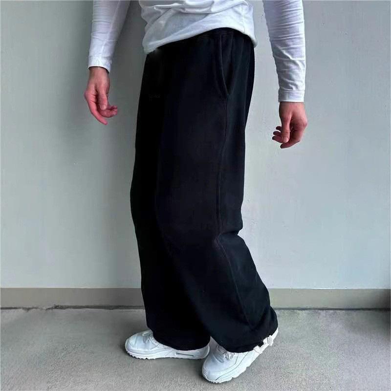 2026 Neue Vintage Trendige Lockere Weite Hosen Herren Freizeit Hosen Einfarbige Vielseitige Fleece Jogginghosen 3XL schwarz