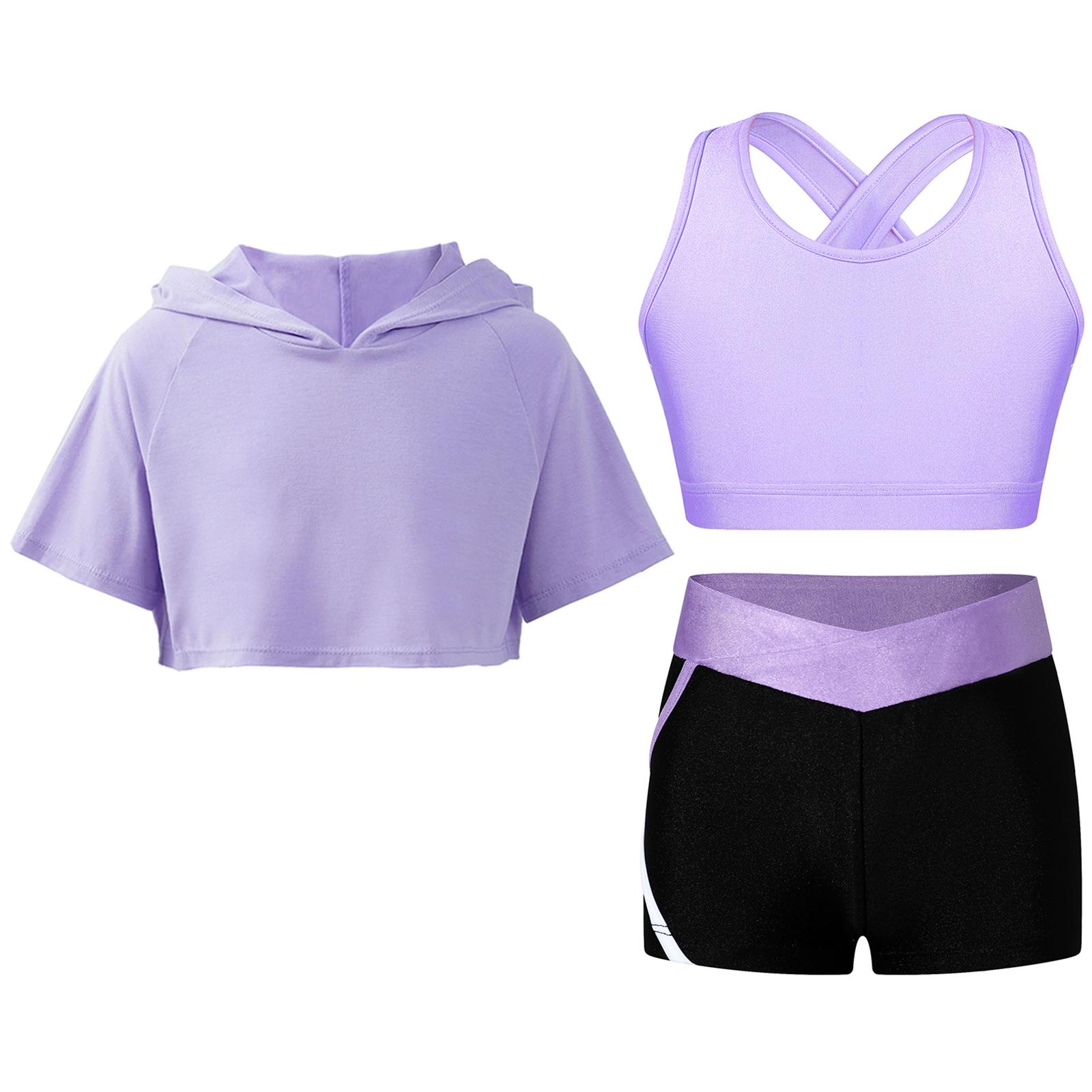 Kinder Mädchen Trainings-Gymnastik-Outfit Yoga-Sets Schlüsselloch-Rücken Weste Shorts Kurzarm Kapuzen-Crop-Top Teenager Sportliche Anzüge 11-12 Years lavendel