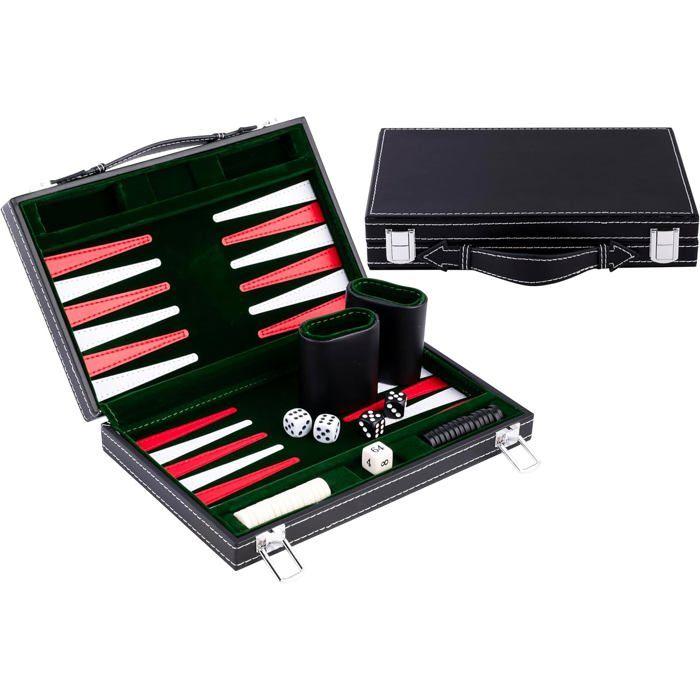 Reise-Backgammon - ENGELHART - Modell 11  - Koffer aus Kunstleder - Filze - Grün/Rot/Weiß weiß