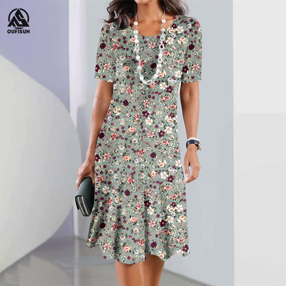 Modische Kleider für Damen, kurze Ärmel, Crushed Flower, elegantes Kleid, lässige Übergrößenkleidung, Urlaub, kurzärmlige Damenkleidung 8XL