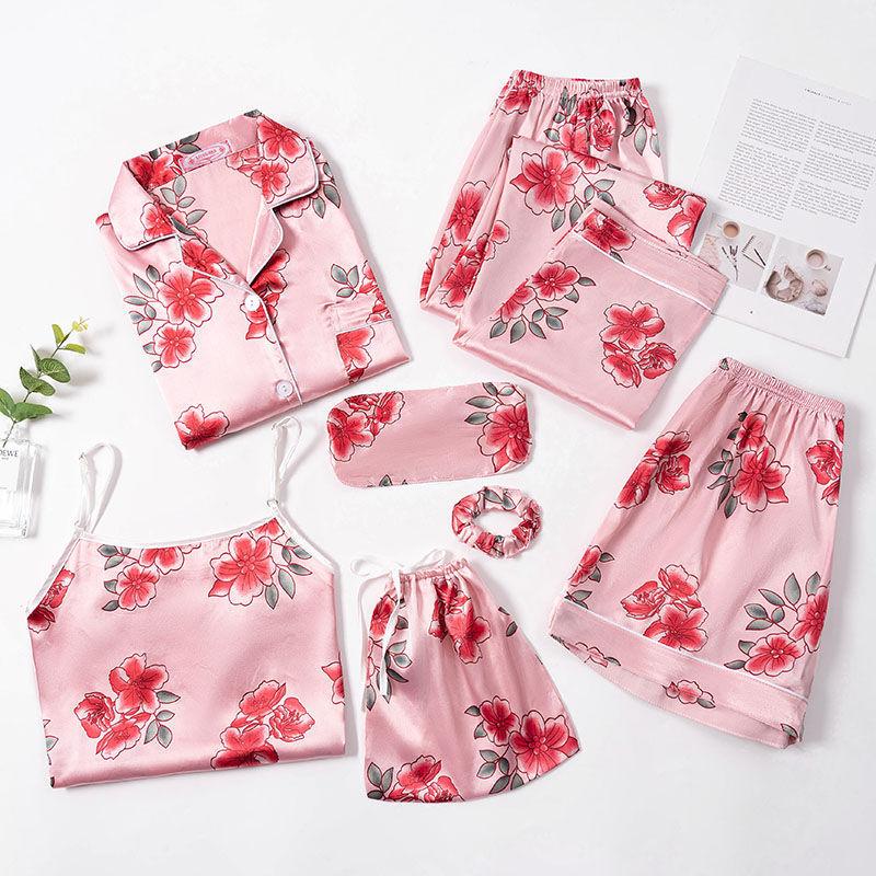 7-teiliges Damen-Pyjama-Set, Nachthemd + Top + lange kurze Hose, gestreiftes sexy Damen-Pyjama M rosa