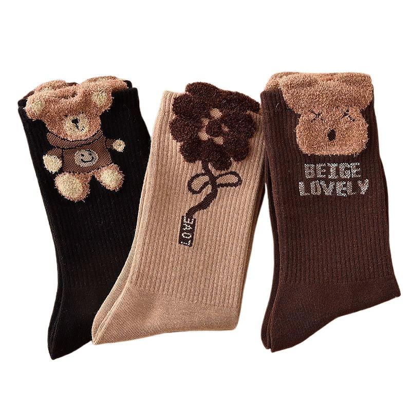 Damen Herbst- und Winter-Mittelwaden-Socken Niedliche Kawaii Bären-Socken Warme Socken 3 Paar 3 Pairs