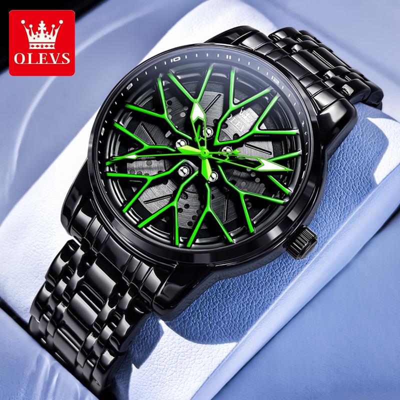 OLEVS Mode 360° Drehzifferblatt Sportwagen Felge Radnabe Quarz Uhr Herren Wasserdicht Edelstahl Herren Armbanduhr grün