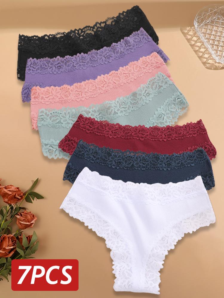 7 Stück/Set Damen Sexy Spitze Slips Nahtlose Baumwolle Brasilianische Slips Mädchen Atmungsaktive Sexy Niedrig geschnittene Unterwäsche Damen Weiche Lingerie M&7Pcs gray