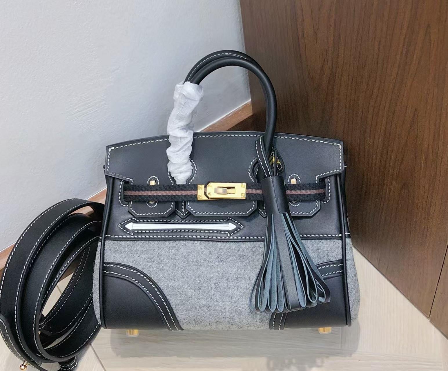 2025 Und Rindsleder Swift Leder Patchwork Nähte Groß und Mittel Handtaschen Handtaschen Mode Damen Taschen 25cm graue