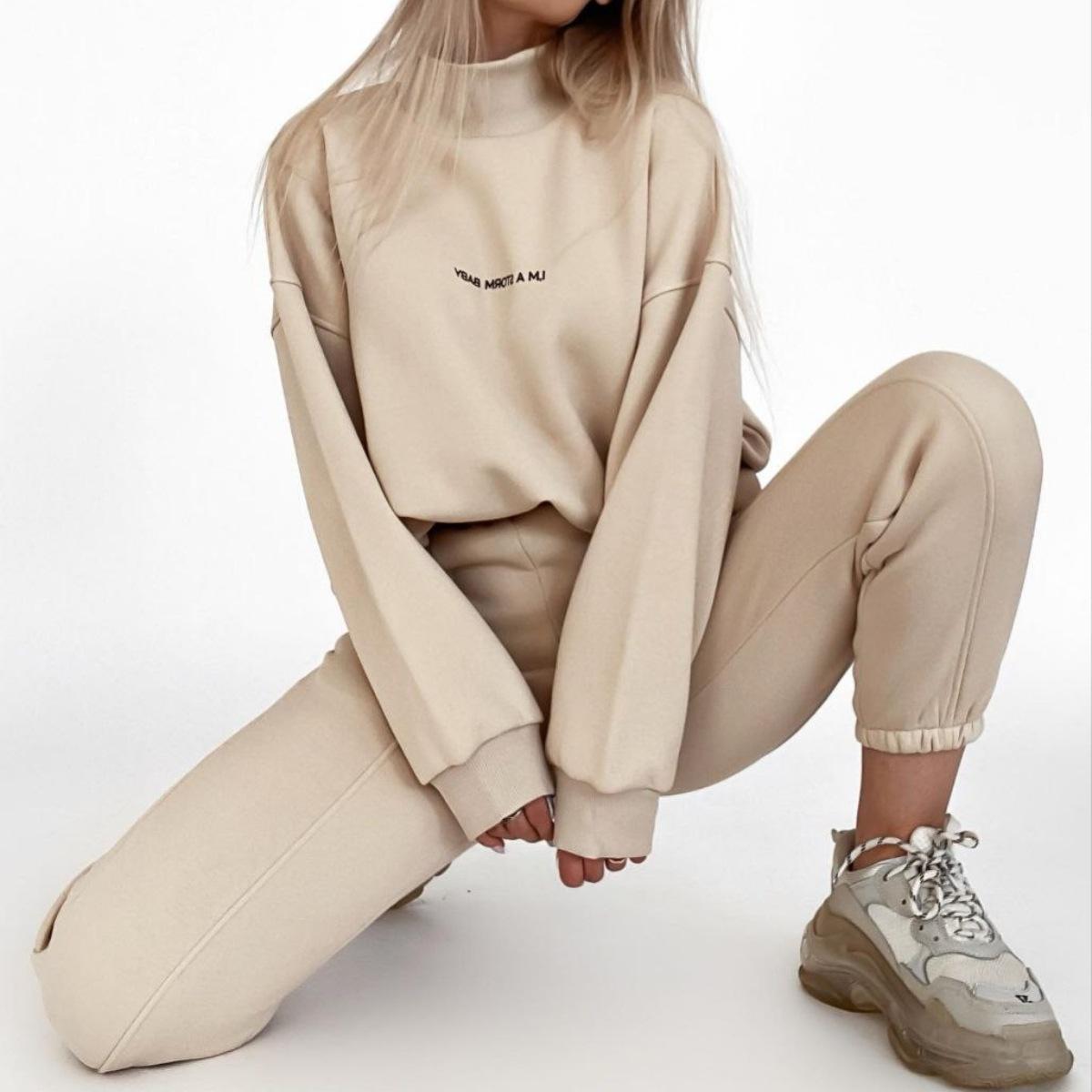 Herbst Winter 2-teiliges Set Damen Hoodie Hose Bedruckter Trainingsanzug Pullover Sweatshirt Hose mit Taschen Trainingsanzug Anzüge S apricot