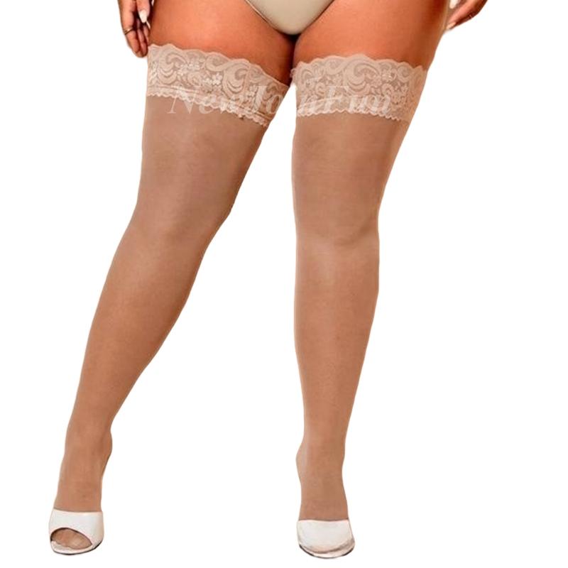 Große Größen Dicke Frauen Oberschenkel Hohe Strümpfe Plus Größe Spitze Dünne Spitzenstrümpfe beige