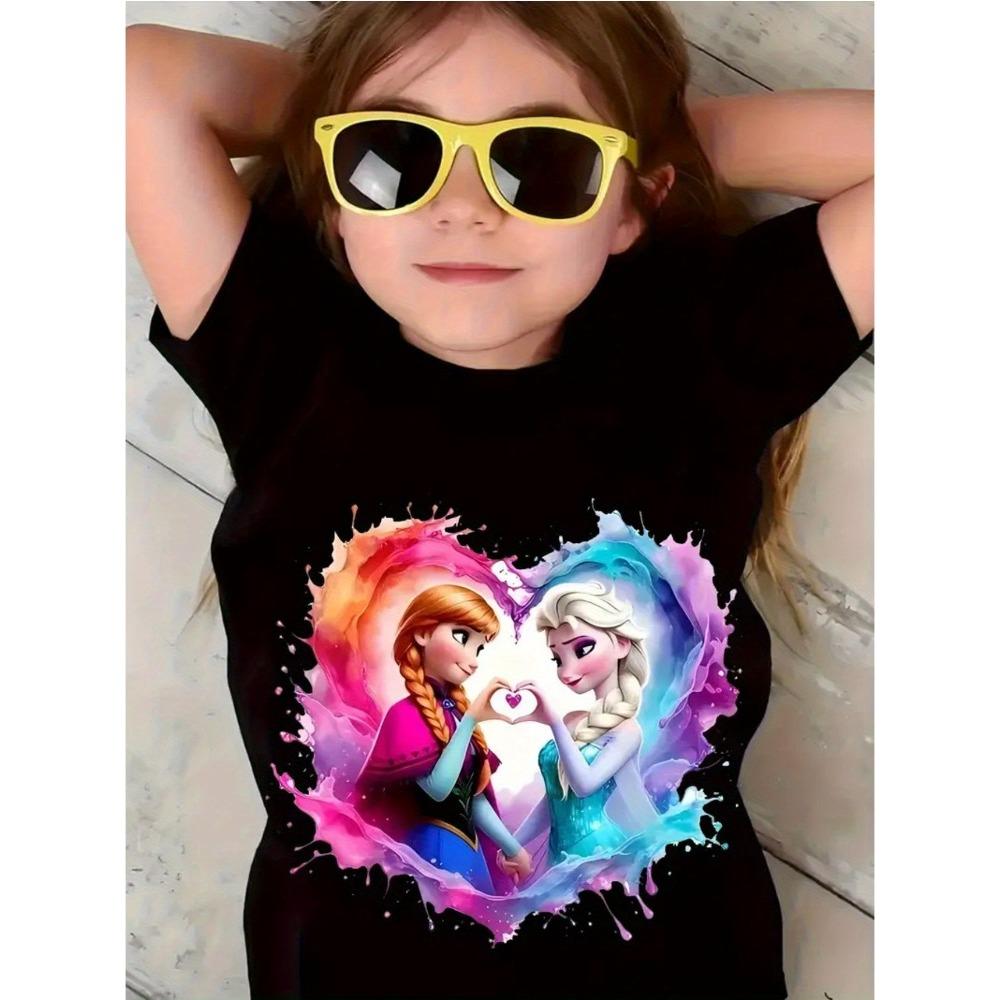 Sommer Frozen Elsa und Anna Aufdruck Kurzarm T-Shirt für Kinder Lässiges Lockeres Urlaubs Verkleidung Kinderkleidung 140 black
