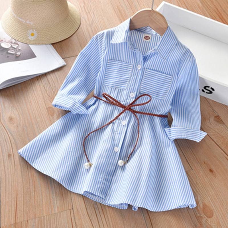 Mädchen Mode Kleidung für Frühling Herbst Gestreiftes Hemddesign mit Gürtel Stilvolles Bequemes Kleid Mädchen Freizeitkleider 120cm blau