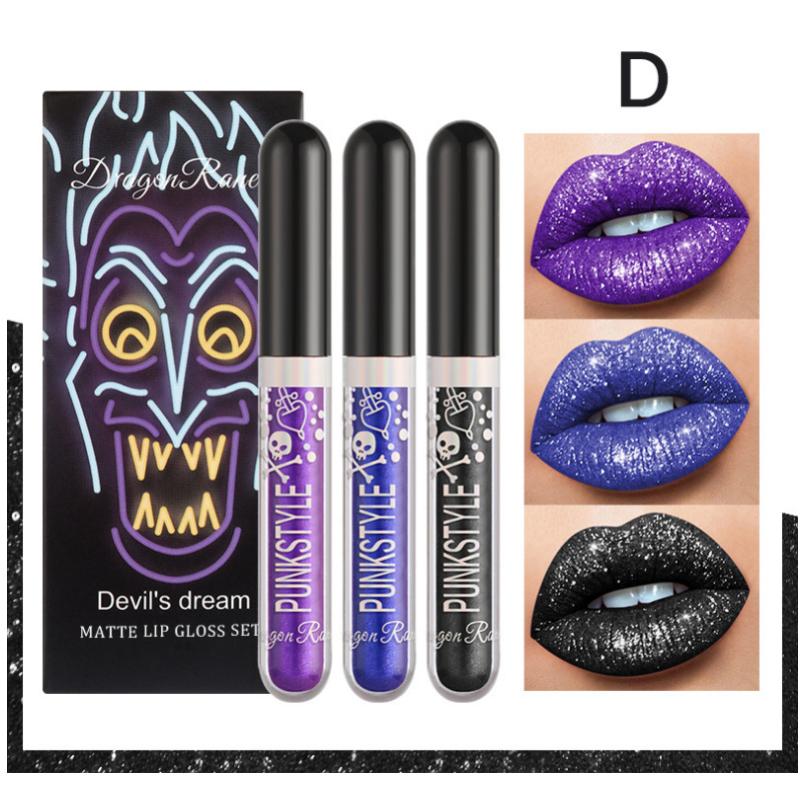 Halloween-Lippenstift-Set, 4 Farben, Smakup, lichtbeständiger Lipgloss, Lippen-Make-up, mattierter Lippenstift, glänzender Lippenstift, funkelnder schwarzer Lippenstift, lila Lippenstift
