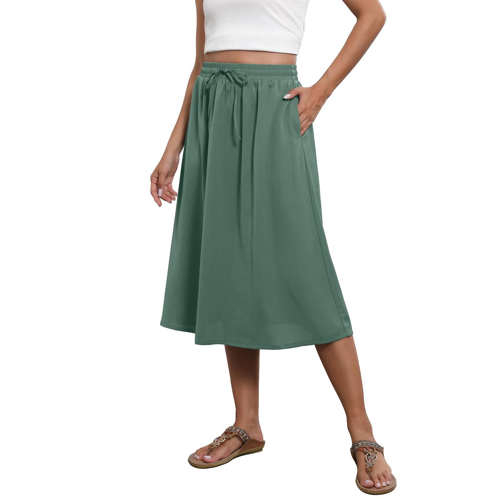 Fließender Rock in Midilänge, elastischer A-Linien-Rock mit hoher Taille und Taschen für Damen, trendiger Rock S