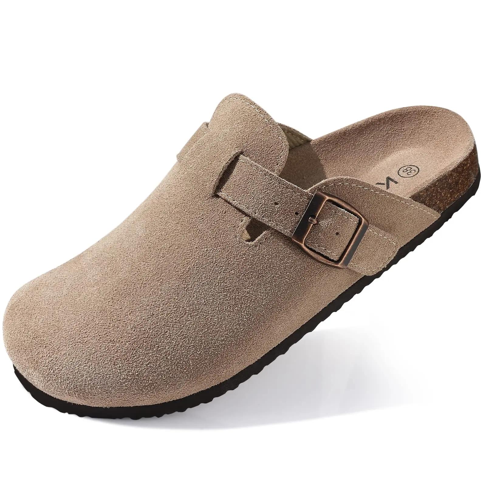 Damen Wildleder Clogs Hausschuhe Kork Wildleder Clogs Hausschuhe Klassische Herren Pantoletten Outdoor Kork Rutschfeste Hausschuhe mit Fußgewölbestütze Damen 45 khaki