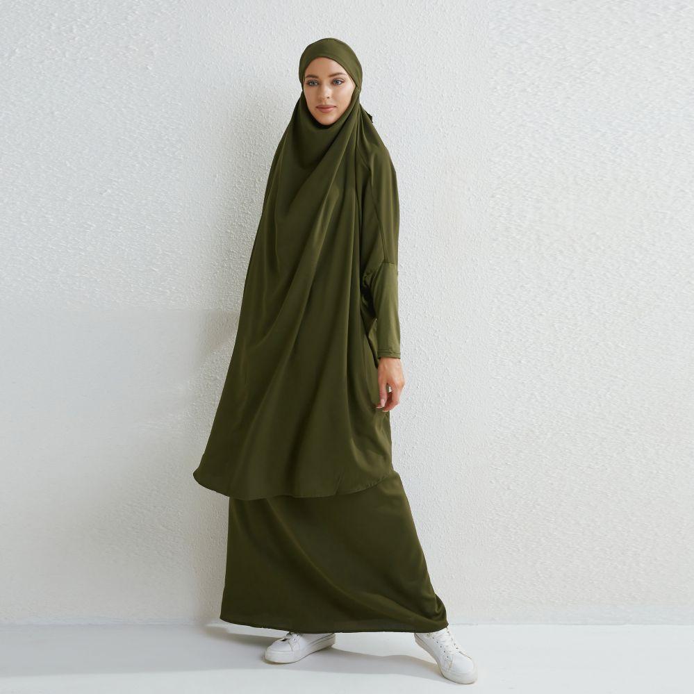 Muslimische Sets Zweiteilige Gebetskleidung Lange Kapuzen-Rauchhülsenhemden Hijab Lose Maxiröcke Elastische Taille Damen-Abaya-Sets One Size grün