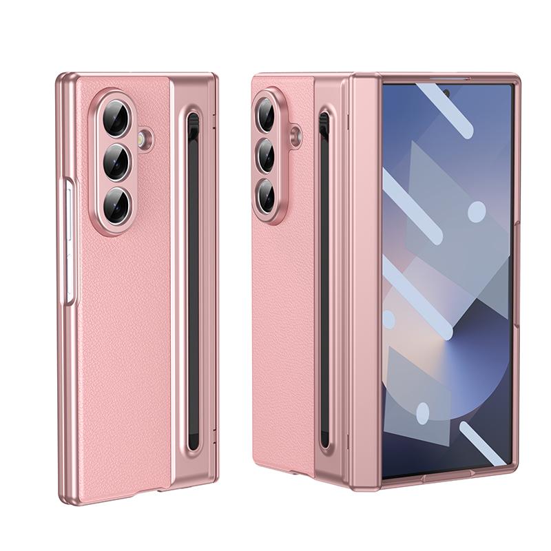 Für Samsung Galaxy Z Fold 8 Ultra Z Fold 8 7 6 5 4 3 S Pen Leder Handyhülle Scharnierschutz Touch Pen Integrierter BildschirmSchutz Galaxy Z Fold 8 rosa