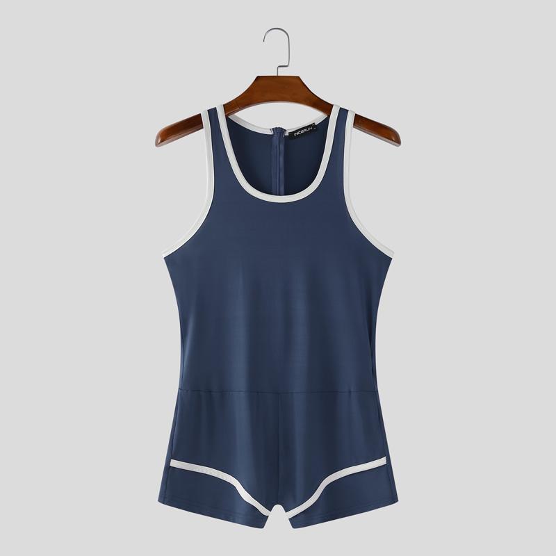 INCERUN Herren U-Ausschnitt Ärmellos Steppnähte Reißverschluss hinten Tanktops Jumpsuits Bodys Unterwäsche 2XL dunkelblaue