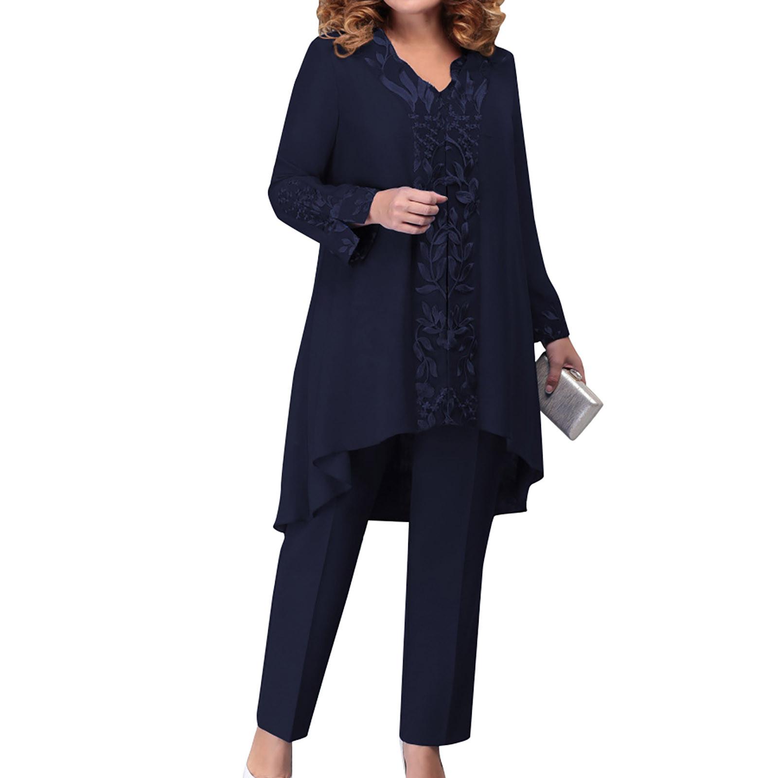 Damen 3-teiliges Abendkleid Patchwork besticktes Temperament Pendler Slim Fit Set Cocktailanzug XL dunkelblau