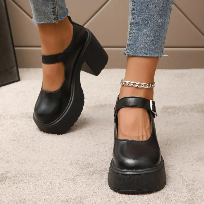 Mode 2025 Neue Mary Janes Damen High Heels Klobige Absätze Runde Zehen Übergröße Mode Kleiderpumps Damen Plateau Schnallenriemen Schuhe 40 schwarz