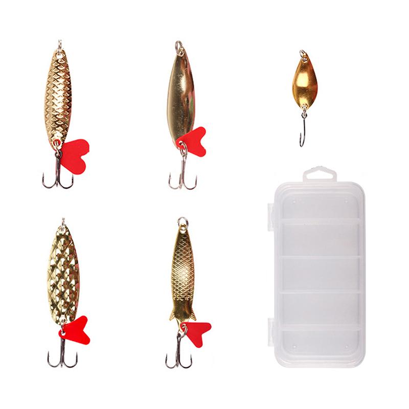 5 Stück/Set Metall Jig Löffel Spinner Angelköder Wobbler Köder Set Mit Angelkoffer-Set Für Angelköder-Köder-Set gold