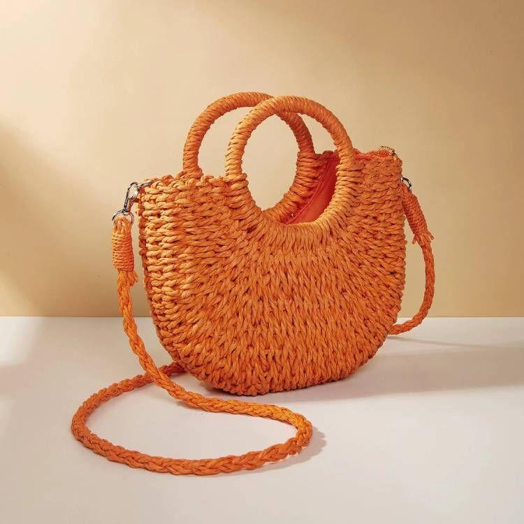Halbrunde Rattan Geflochtene Stroh Strandtasche Sommer Damen Umhängetaschen KTB 24*8*20cm orange