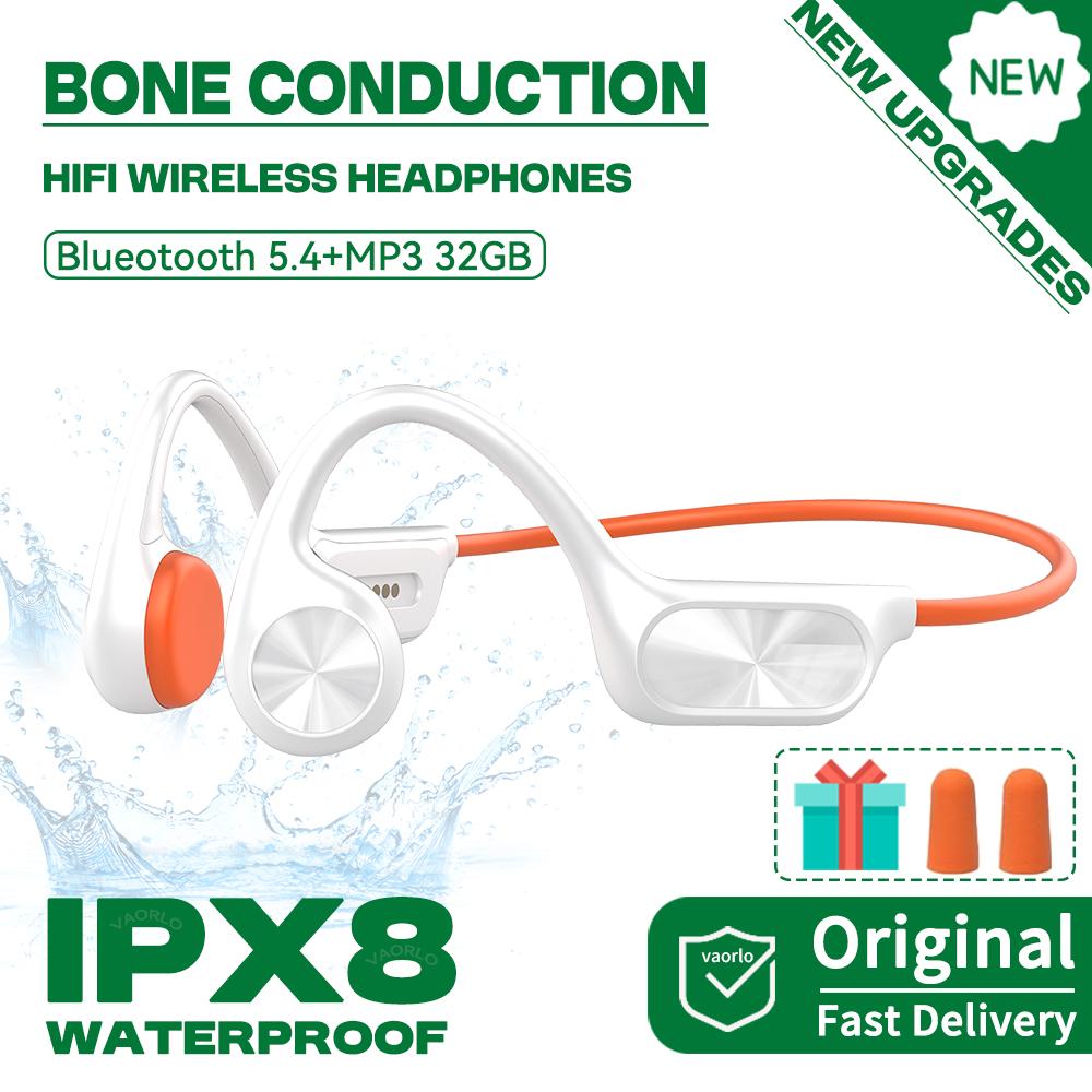IPX8 Wasserdichter Knochenleitungs-Kopfhörer, kabelloser Bluetooth-Kopfhörer, 5,4 + 32 GB RAM, MP3-Player, HIFI-Musik, Sport-Schwimm-Headset mit Mikrofon PearlWhite 32GB