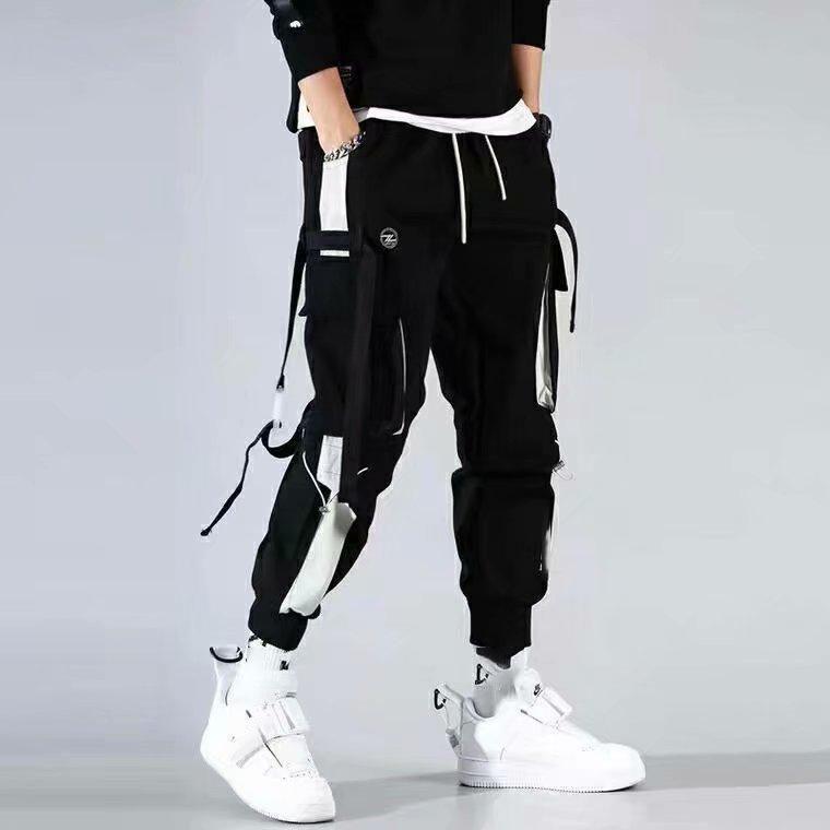 Klassische Streetwear Casual Männer Bänder Harem Jogging Hosen Männlichen Slim Fit Frühjahr Cargo Hosen Multi-Taschen Frauen Hosen XL schwarz