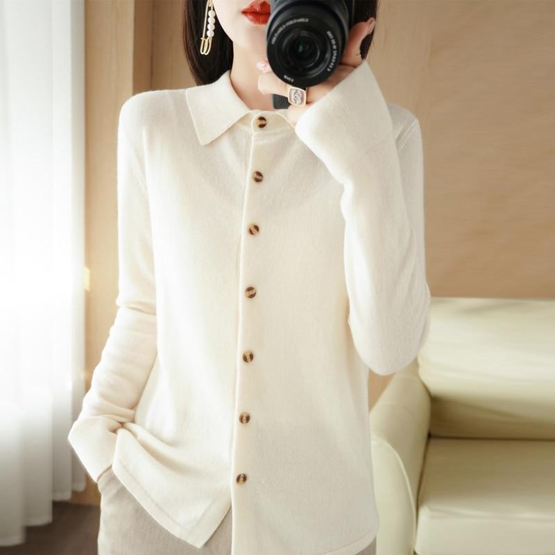 Damen Wollstrick-Cardigan-Jacke, lockerer Polo-Kragen-Pullover, außen, einfarbig, Knopfstrick-Hemd, Pullover, koreanisches Herbst-Winter-T-Shirt S beige