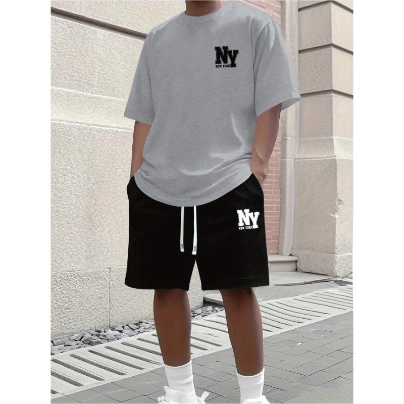 Herren Sommer 2-teiliges Set, Kurzarm Rundhals T-Shirt und Shorts mit elastischem Bund XL