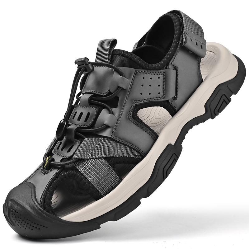 Sandalen mit geschlossener Zehe Herren Leder Sommer Atmungsaktiv Ausgeschnitten Outdoor-Bekleidung Leicht Wasserdicht Outdoor Outdoor Lässig Strandschuhe 46 graue
