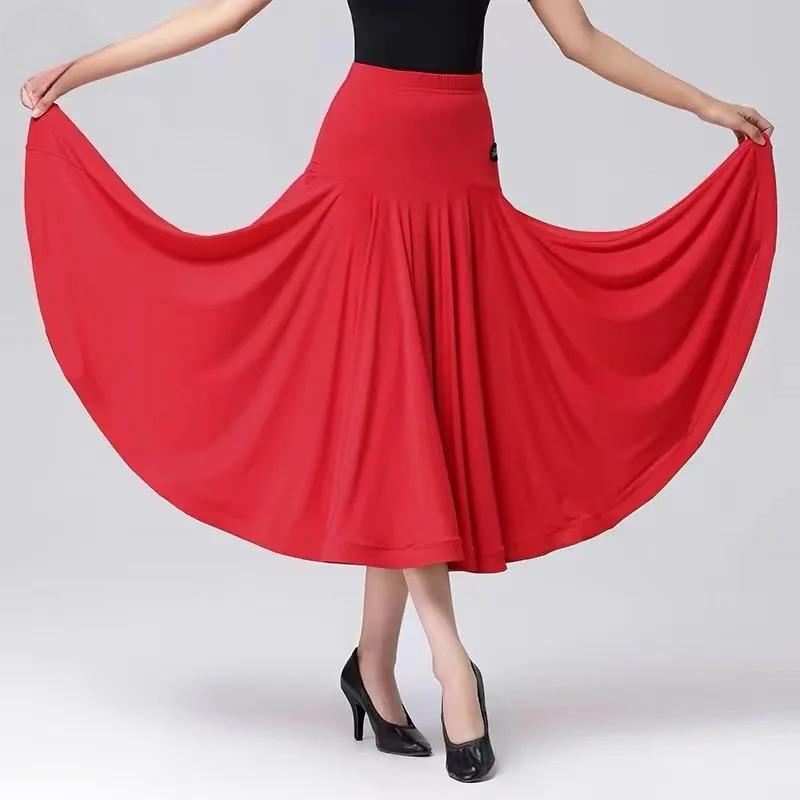 Damen Modernes Schwingkleid Walzer Gesellschaftstanz Übung Rüschen Langes Kleid Damen Gesellschaftstanz Halber Rock Einfarbig Lange Kleider XXXL rot