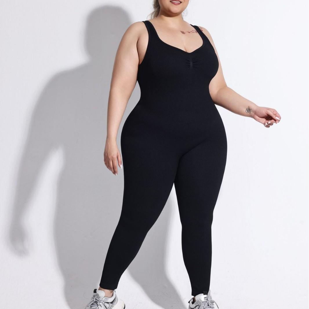 Übergröße Gerippter Rückenfreier Jumpsuit: Doppelter Schultergurt, Körperformend, Nahtlose Hüfthebung Yoga-Bekleidung 3XL schwarz