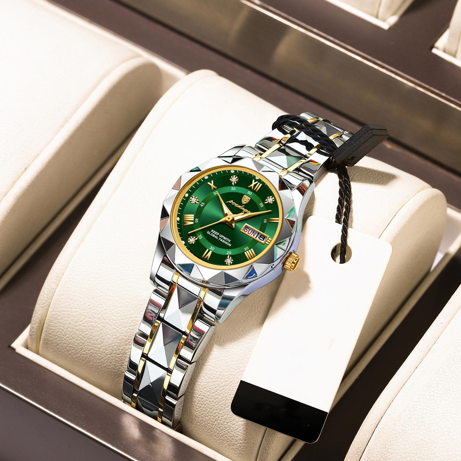 POEDAGAR Elegante Quarz Damen Armbanduhr Auto Datum Top Marke Original Uhr Für Frauen Luxus Wasserdicht Leuchtende Handgelenk Uhren grün/gold