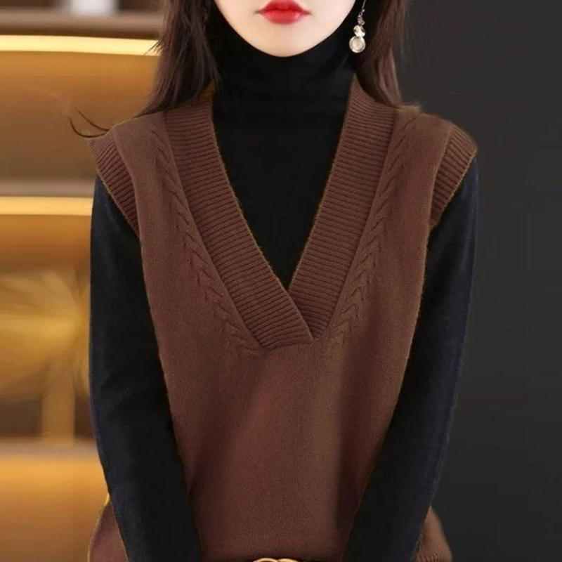 Pullover Pullover Weste 2022 Neue Frauen Modische Gestrickte Weste Frauen Feste Kurze V-ausschnitt Jacke Überlagert mit Pullover Tank Weibliche One Size dunkle khaki