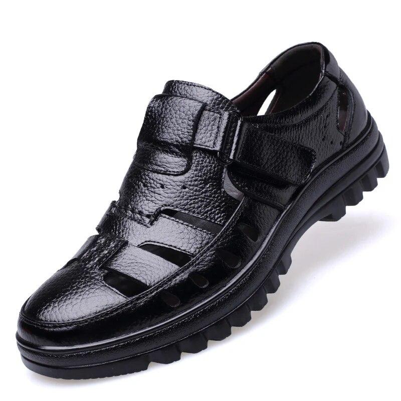 Neue Sommerschuhe Herren Sandalen Rindsleder Rutschfest Echtleder Sandalen Marke Herrenschuhe 39 schwarz