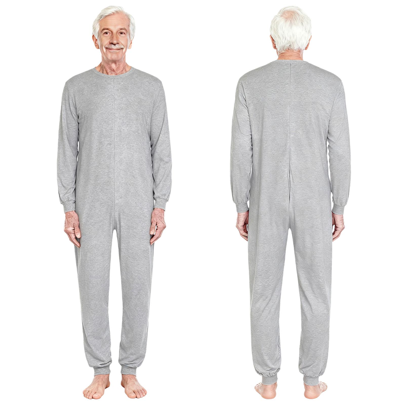 Unisex Anti-Strip Adaptiver Jumpsuit für Ältere Rundhalsausschnitt Langarm Reißverschluss hinten Lange Hosen Einteiler Strampler L grau