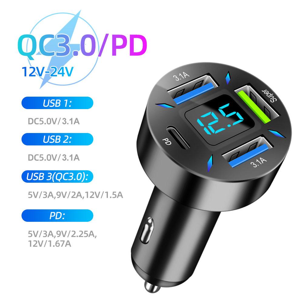 4 Ports Autoladegerät PD QC3.0 mit Voltmeter 66W Autotelefon-Ladegerät Schnelllade-Netzteil für iPhone Samsung Huawei Xiaomi