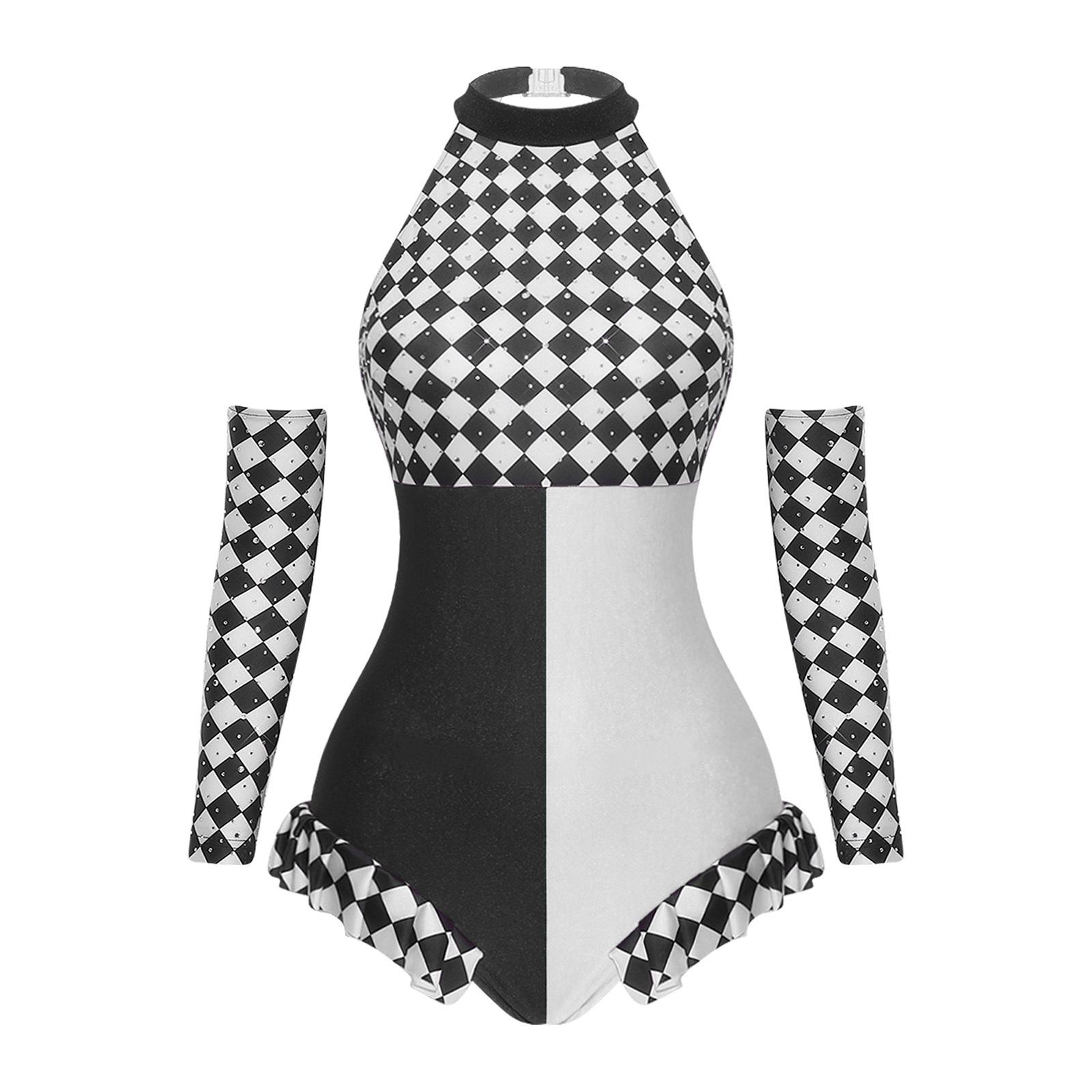 Damen Clown Cosplay Kostüm Neckholder Rückenfrei Rüschen Farbblock-Besatz Bodysuit XL weiß